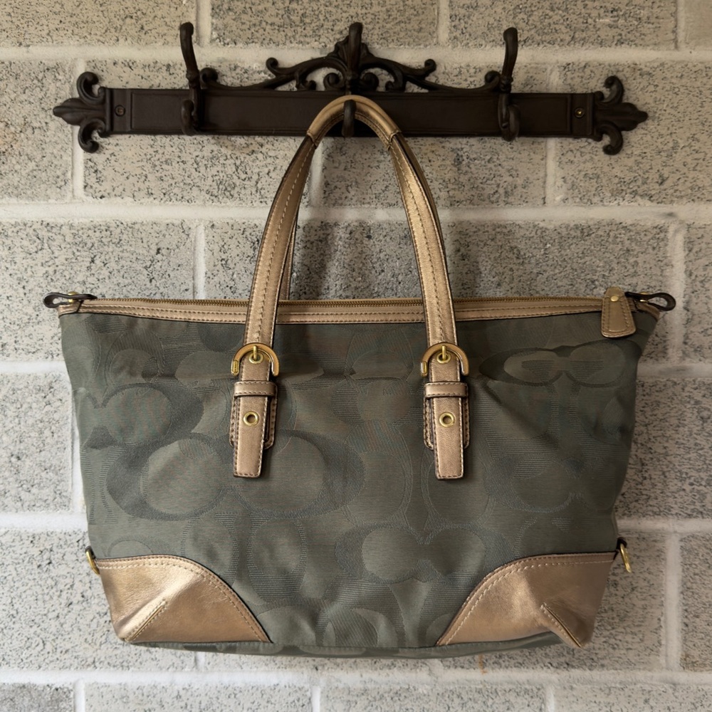 Coach Olive Green Tote with Metallic Gold Accents